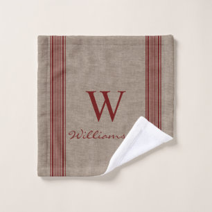 Rustic Farmhouse Ticking Stripe Burlap Monogram  Wash Cloth