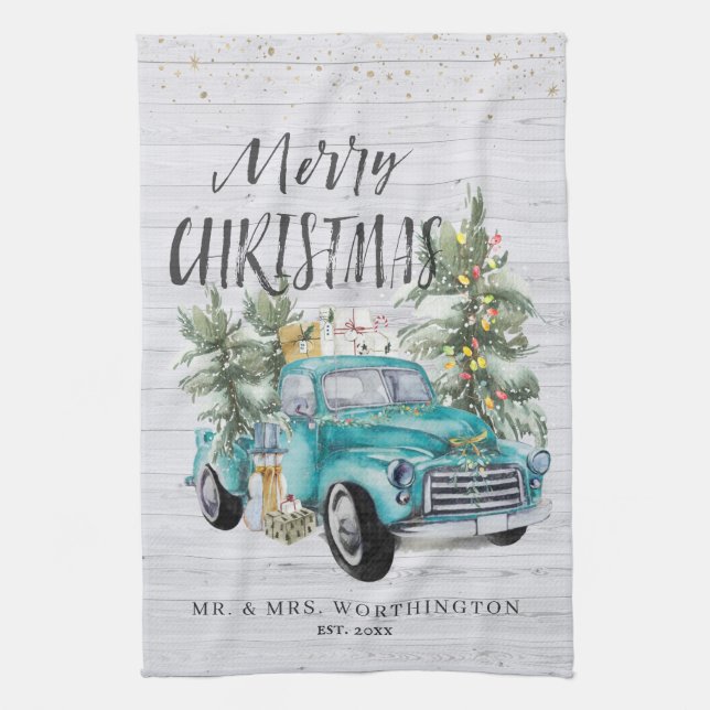 Rustic Farmhouse Truck | Monogram Christmas Tea Tea Towel (Vertical)