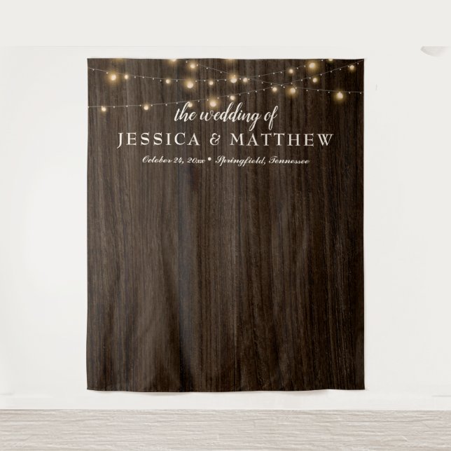 Rustic Farmhouse Twinkling Lights Wedding Backdrop Tapestry (Front)