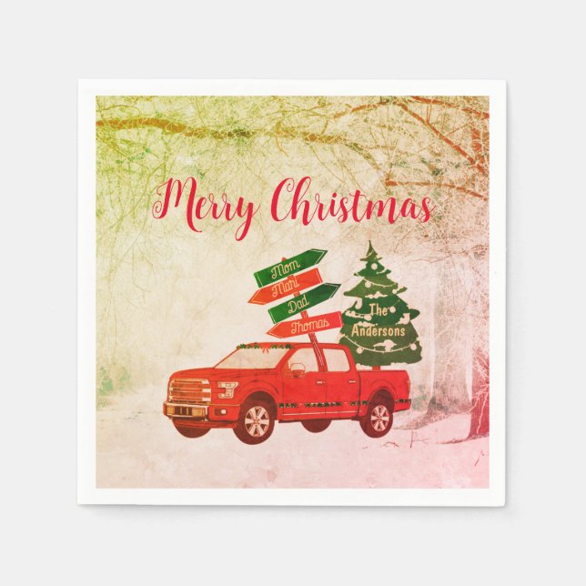 Rustic Farmhouse Vintage Red Truck Merry Christmas Napkin (Front)