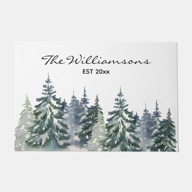 Rustic Farmhouse Watercolor Forest Family Name Doormat (Front)