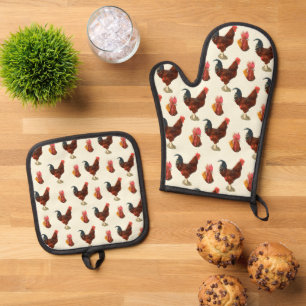 Rustic Farmhouse Watercolor Rooster Chicken Oven Mitt & Pot Holder Set