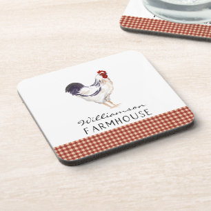 Rustic Farmhouse Watercolor Rooster Family Name Coaster