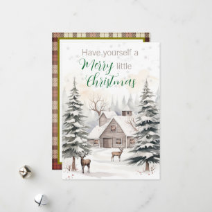 Rustic Farmhouse With Deer- Merry Little Christmas Holiday Card