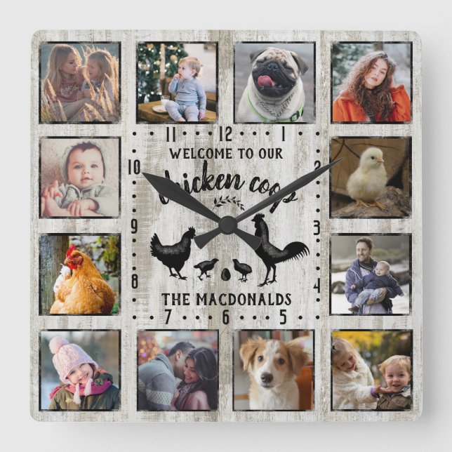 Rustic Farmhouse Wood Chicken Coop Photo Collage Square Wall Clock (Front)