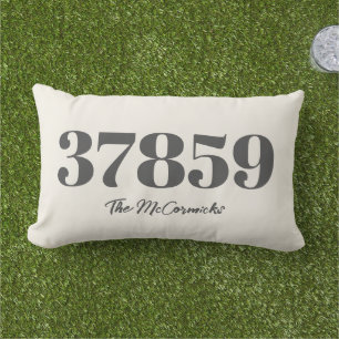 Rustic Farmhouse Zip Code Beige Monogram Outdoor Lumbar Cushion