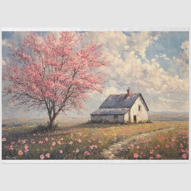 Rustic Farmstead with Flowering Tree Decoupage Tissue Paper (Front)