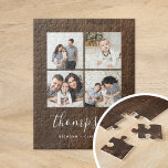 Rustic Faux Barn Wood Family Photo Collage Jigsaw Puzzle<br><div class="desc">Custom printed jigsaw puzzle personalised with your family photos and monogram on a faux barn wood background. Add your family name monogram or other custom text with space for 4 square Instagram photos. Use the design tools to add more photos and edit the text fonts and colours to create a...</div>