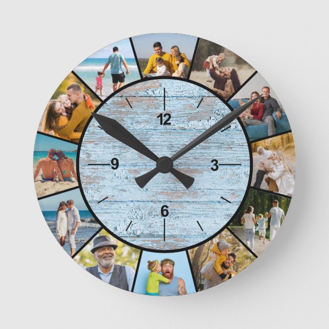 Rustic Faux Blue Wood Fence 12 Photo Collage Round Clock (Front)