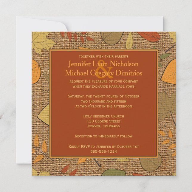 Rustic FAUX Burlap & Autumn Leaves Wedding Invite (Front)