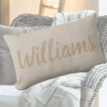 Rustic Faux Burlap Calligraphy Family Name Pillow<br><div class="desc">Rustic family name throw pillow for your home or to give out as a wonderful personalised gift. This classic farmhouse personalised pillow features a neutral light tan and cream colour palette and a printed burlap style texture. It's personalised with a large cursive script family name print across the centre of...</div>