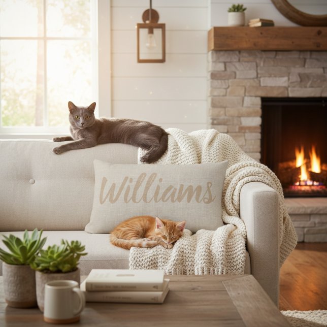 Rustic Faux Burlap Calligraphy Family Name Pillow (Custom family name lumbar pillow. Farmhouse style housewarming gift idea.)