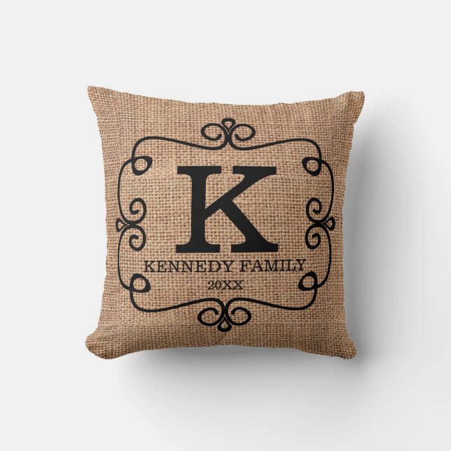 Rustic Faux Burlap Family Name Monogrammed Cushion (Front)
