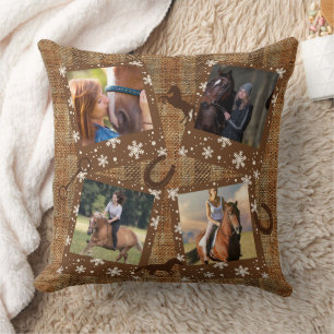 Rustic Faux Burlap Four Photo Collage Horse Cushion