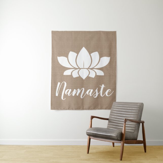 Rustic Faux Burlap Namaste White Lotus Yoga Tapestry (In Situ)