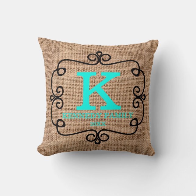 Rustic Faux Burlap Turquoise Family Name Monogram Cushion (Front)