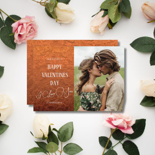 Rustic Faux Copper Metal Couple Photo Valentines Holiday Card