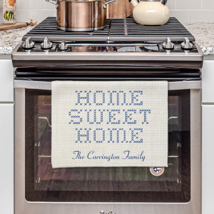 Rustic Faux Cross-Stitch Home Sweet Home Blue Tea Towel