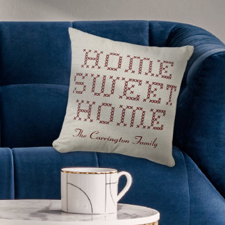 Rustic Faux Cross-Stitch Home Sweet Home Burgundy Cushion