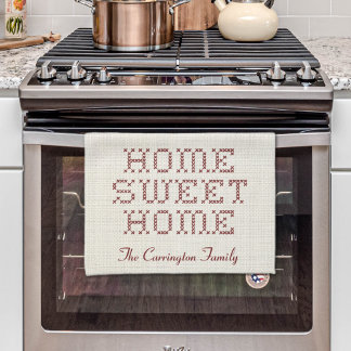 Rustic Faux Cross-Stitch Home Sweet Home Burgundy Tea Towel