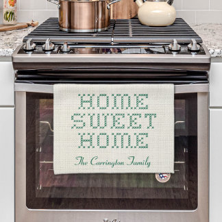 Rustic Faux Cross-Stitch Home Sweet Home Green Tea Towel