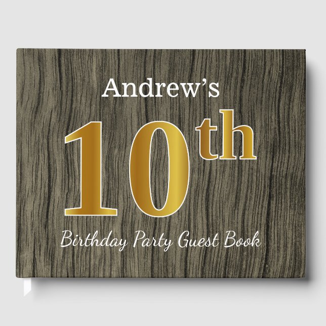 Rustic, Faux Gold 10th Birthday Party; Custom Name Guest Book (Front)