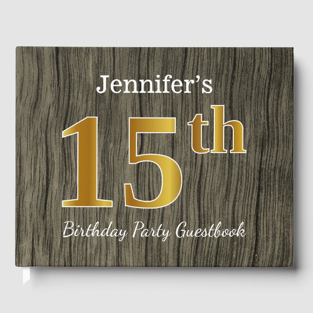 Rustic, Faux Gold 15th Birthday Party; Custom Name Guest Book (Front)