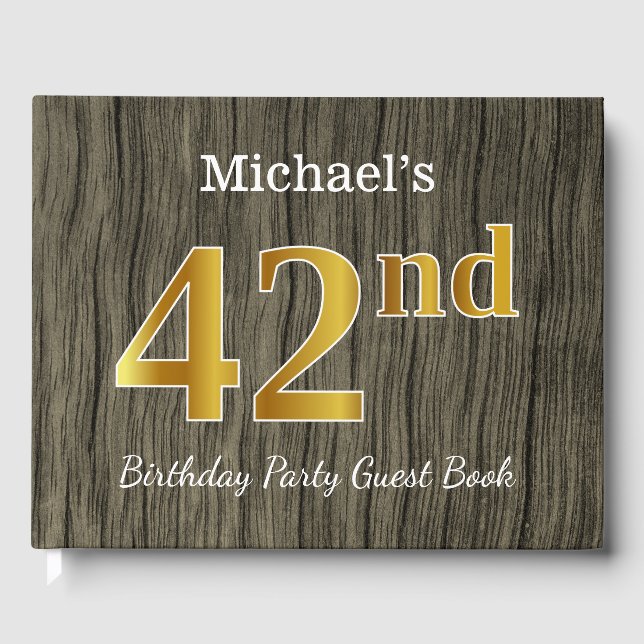 Rustic, Faux Gold 42nd Birthday Party; Custom Name Guest Book (Front)