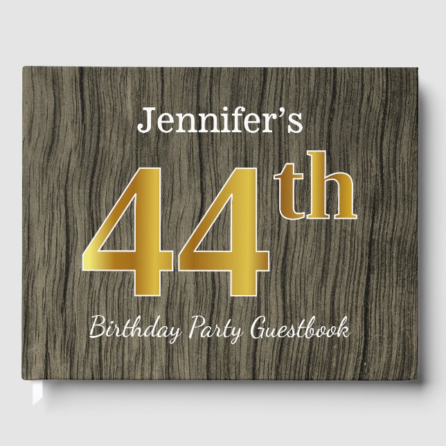Rustic, Faux Gold 44th Birthday Party; Custom Name Guest Book (Front)
