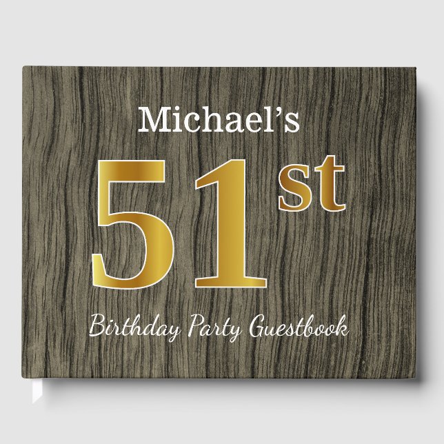 Rustic, Faux Gold 51st Birthday Party; Custom Name Guest Book (Front)