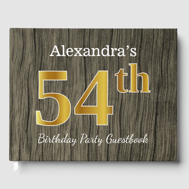 Rustic, Faux Gold 54th Birthday Party; Custom Name Guest Book (Front)