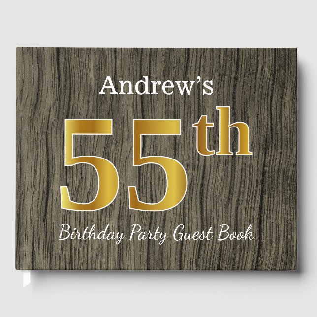 Rustic, Faux Gold 55th Birthday Party; Custom Name Guest Book (Front)