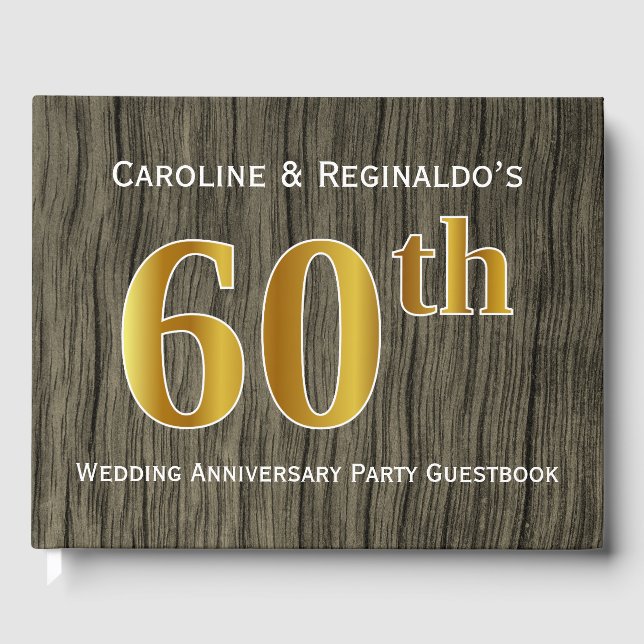 Rustic, Faux Gold 60th Wedding Anniversary Party Guest Book (Front)
