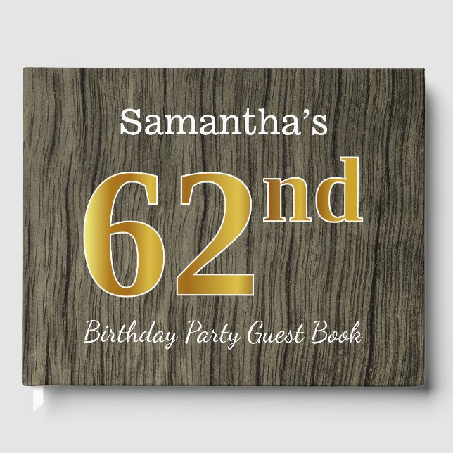 Rustic, Faux Gold 62nd Birthday Party; Custom Name Guest Book (Front)