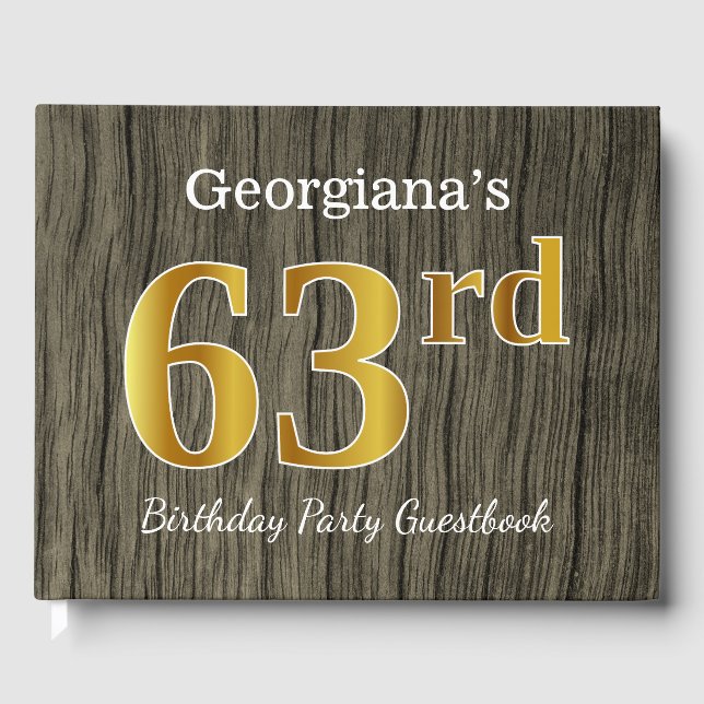 Rustic, Faux Gold 63rd Birthday Party; Custom Name Guest Book (Front)