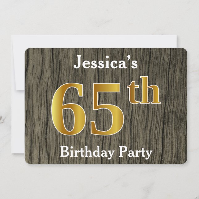 Rustic, Faux Gold 65th Birthday Party; Custom Name Invitation (Front)