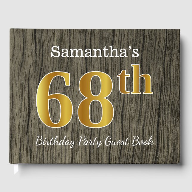 Rustic, Faux Gold 68th Birthday Party; Custom Name Guest Book (Front)