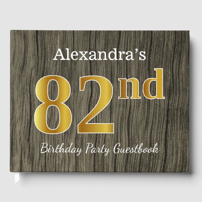 Rustic, Faux Gold 82nd Birthday Party; Custom Name Guest Book (Front)