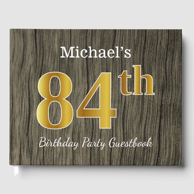 Rustic, Faux Gold 84th Birthday Party; Custom Name Guest Book (Front)