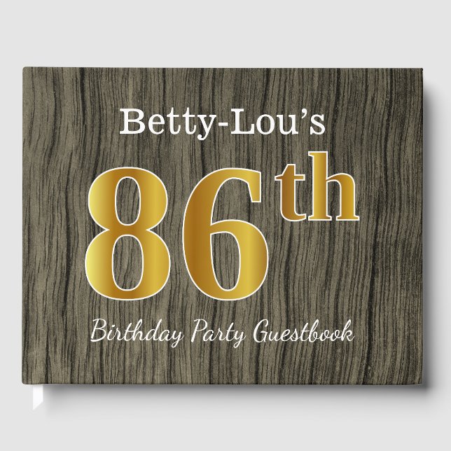 Rustic, Faux Gold 86th Birthday Party; Custom Name Guest Book (Front)