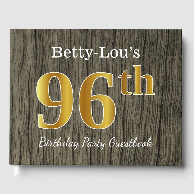 Rustic, Faux Gold 96th Birthday Party; Custom Name Guest Book (Front)