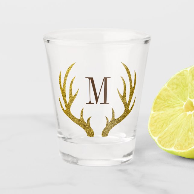 Rustic Faux Gold Glitter Deer Antlers | Monogram Shot Glass (Front)