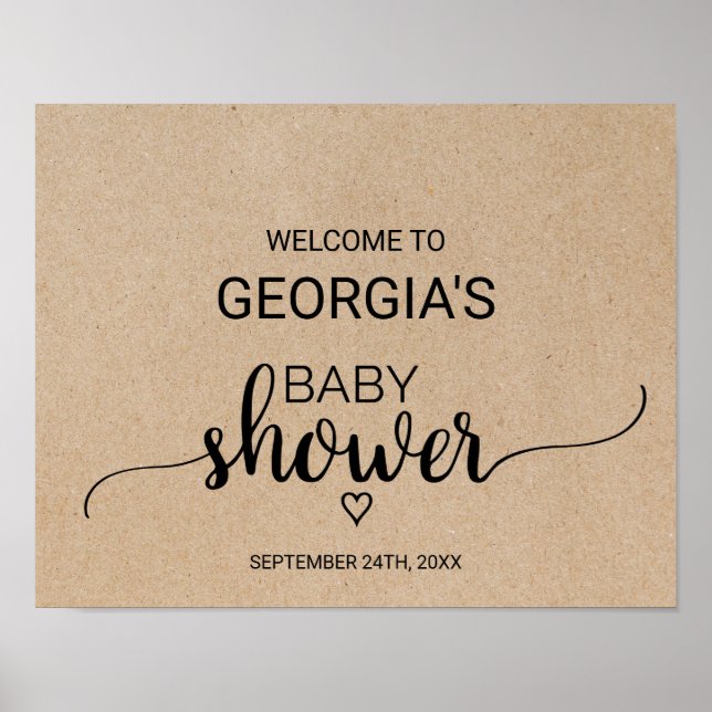 Rustic Faux Kraft Calligraphy Baby Shower Welcome Poster (Front)