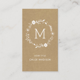 Rustic Faux Kraft Floral Wreath Monogram Business Card