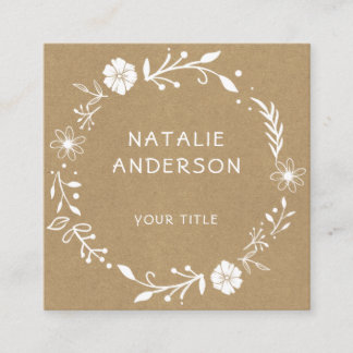 Rustic Faux Kraft Floral Wreath  Square Business Card