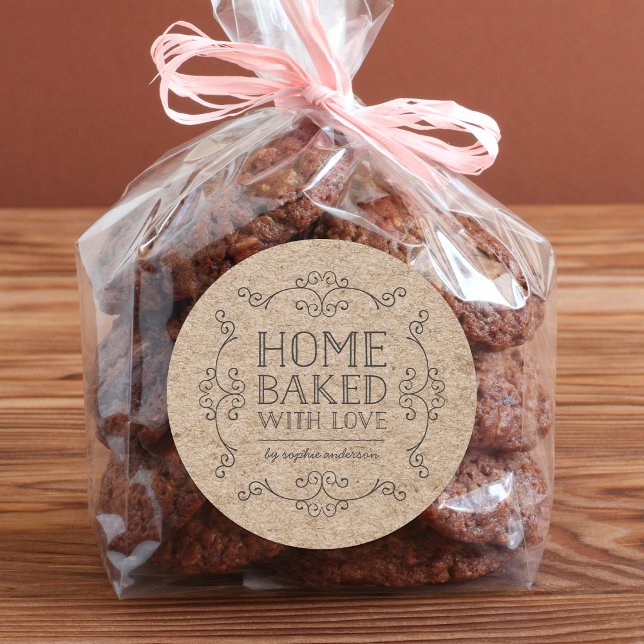 Rustic Faux Kraft Flourishes Home Baked With Love Classic Round Sticker (Creator Uploaded)