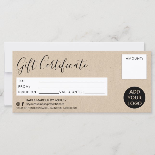 Rustic faux kraft simple gift certificate logo (Front)