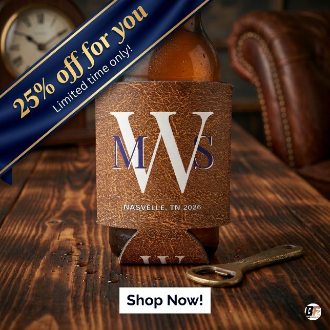 Rustic Faux Leather Custom Monogram Nashville Can Cooler (#vacation)