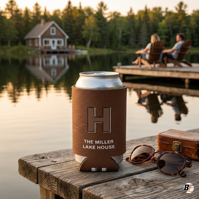 Rustic Faux Leather Monogram Personalised Lake Hou Can Cooler (Creator Uploaded)