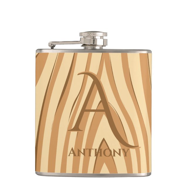 Rustic Faux Stained Brown Wood Monogrammed Custom Hip Flask (Front)